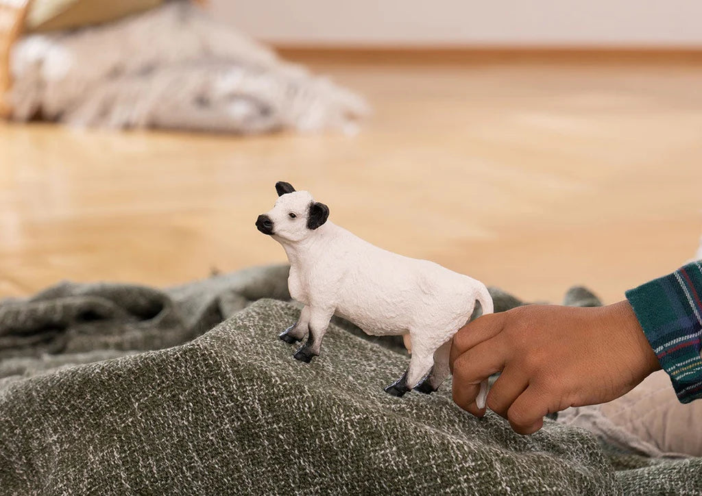 Schleich Galloway Cow figure standing on a grey knitted blanket with a hand beside its back legs.