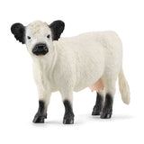 Schleich Galloway Cow figure with a white textured coat, black ears, black muzzle, black lower legs and a pink udder.