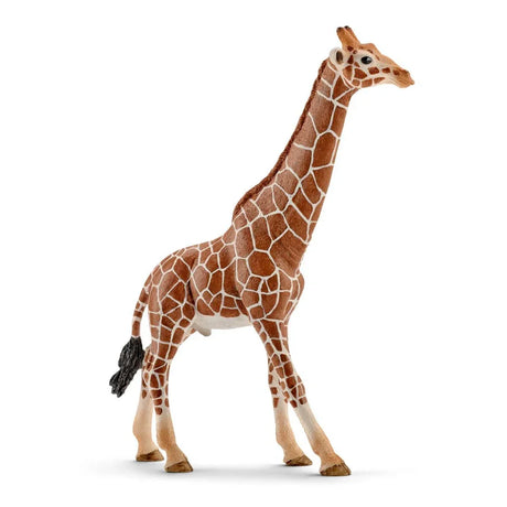 A side angle of the giraffe figurine highlighting its long legs, patterned body, and black tail tuft.