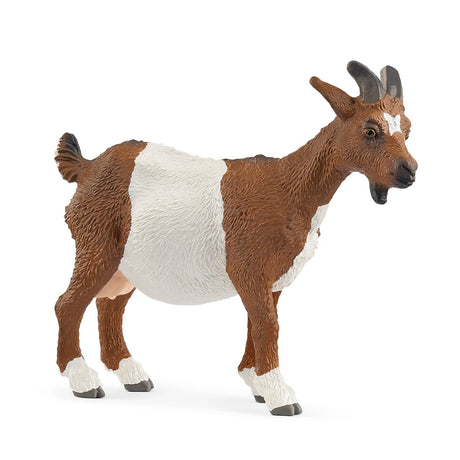 Schleich Goat figure with a brown and white coat, curved black horns, yellow eyes, a white forehead marking and a small beard