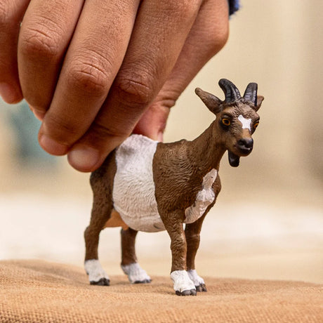 Schleich Goat figure standing on tan fabric while a hand rests on its back, showing curved horns and a white forehead marking