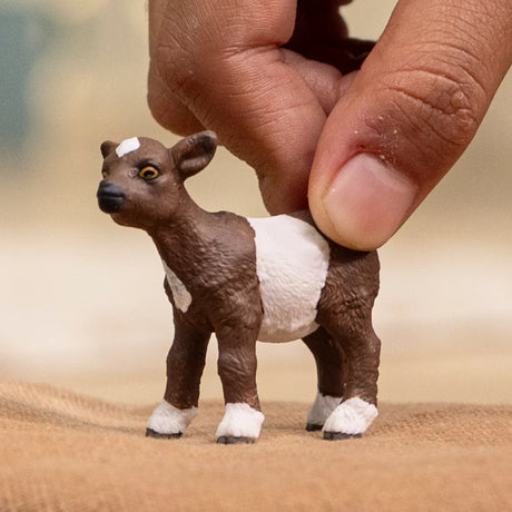 Schleich Goat Kid figure being held upright with brown and white body markings