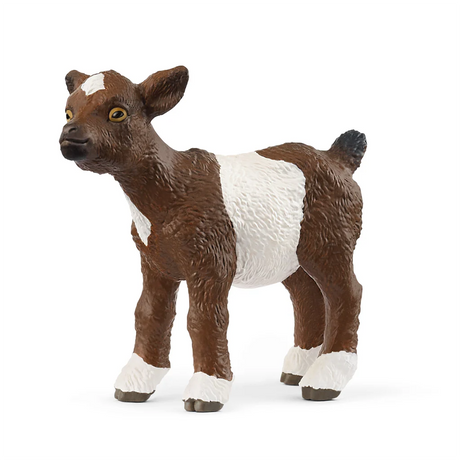 Schleich Goat Kid figure standing in side view with brown coat and white middle section