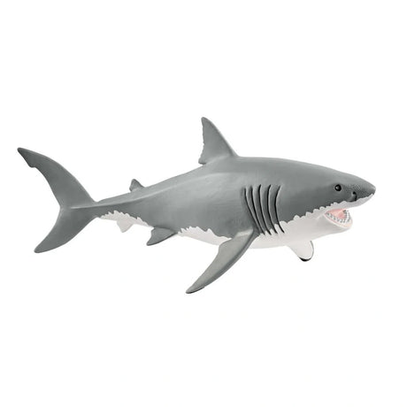 Schleich Great White Shark figure with its mouth open, showing sharp teeth and a pink interior