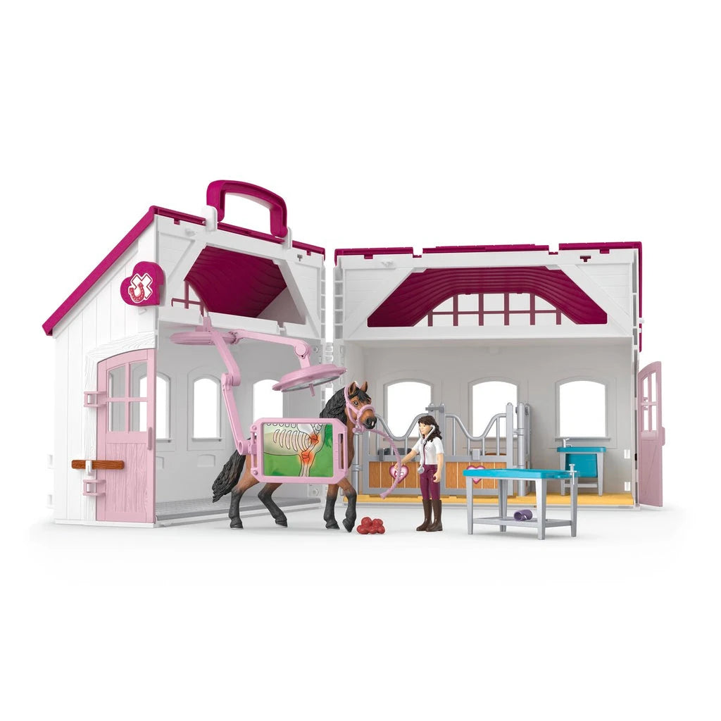 Schleich Happy Horse Hospital 42787 fully open showing the clinic, horse treatment area, stable, Andalusian stallion and Mrs Kramer