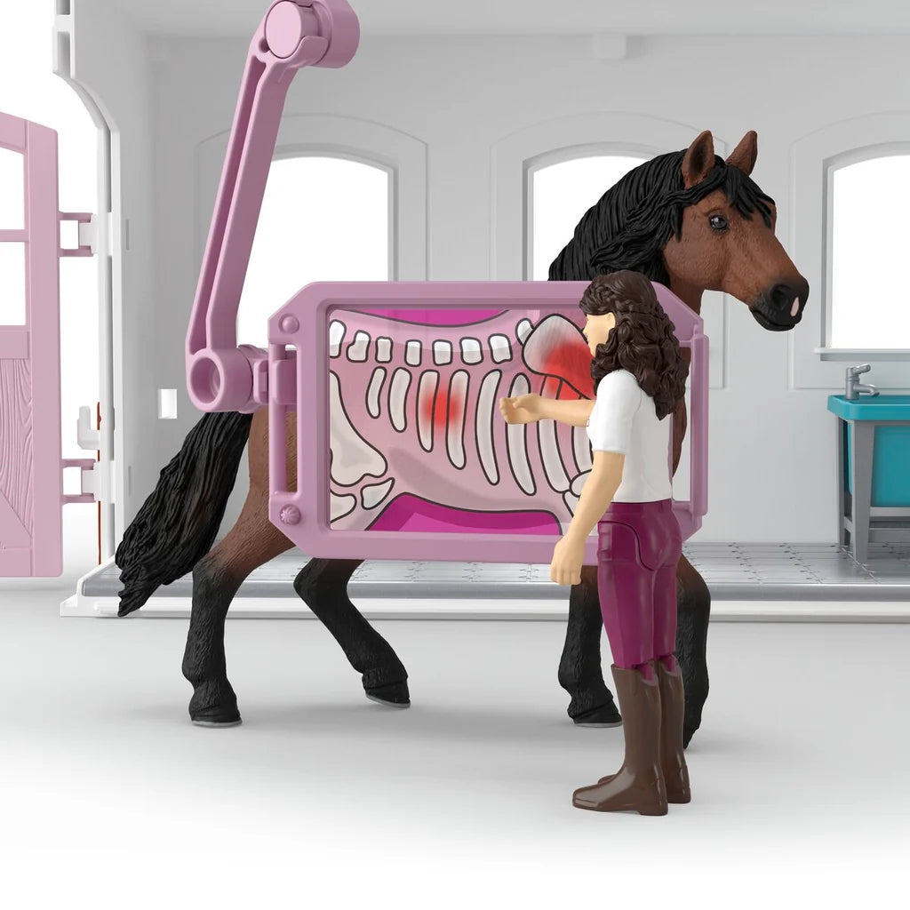Schleich Happy Horse Hospital 42787 Andalusian stallion beside Mrs Kramer inside the clinic