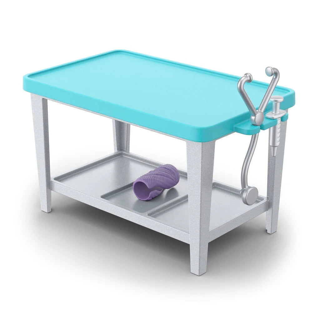 Schleich Happy Horse Hospital 42787 blue treatment table with veterinary accessories on the lower shelf