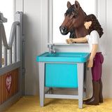 Schleich Happy Horse Hospital 42787 Andalusian stallion beside Mrs Kramer at the blue washbasin
