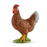 Schleich Hen figure with textured brown feathers, a red comb and wattle, and a yellow beak