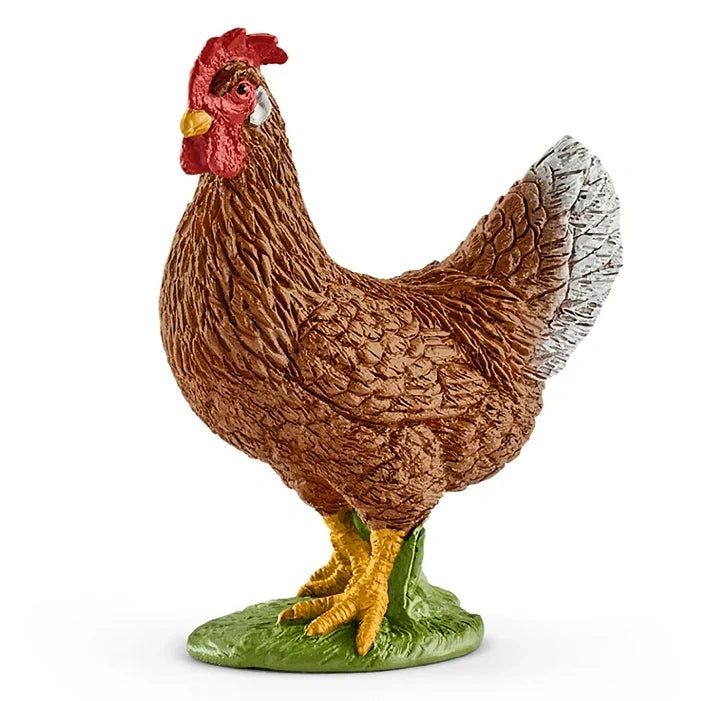 Schleich Hen figure showing layered brown plumage and white-tipped tail feathers