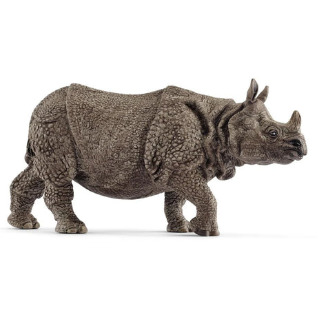 Schleich Indian Rhinoceros figure with a rounded body, short sturdy legs and textured grey skin. 