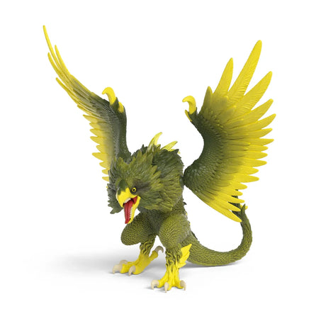 Schleich Jungle Raptor figure crouched with raised wings, an open red mouth, green body and yellow feathers