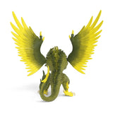 Rear view of the Schleich Jungle Raptor figure with spread yellow wings and a curved green tail