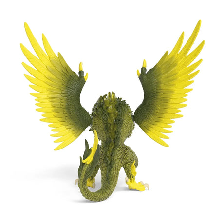 Rear view of the Schleich Jungle Raptor figure with spread yellow wings and a curved green tail