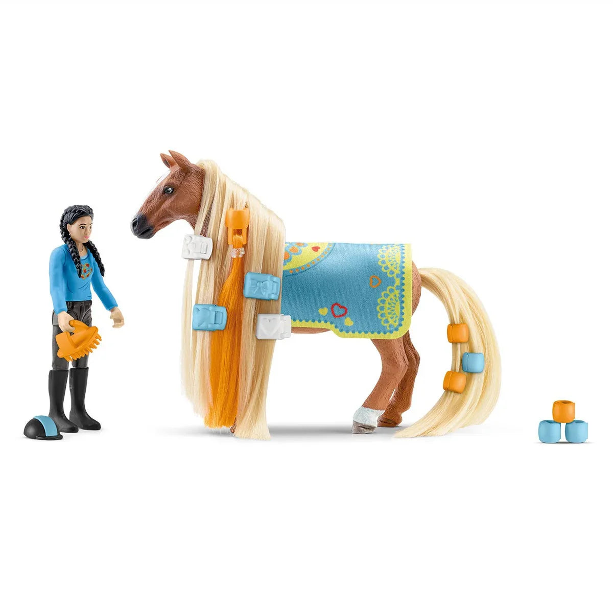 Schleich Kim and Caramel horse toy grooming with blue blanket Ireland 42585