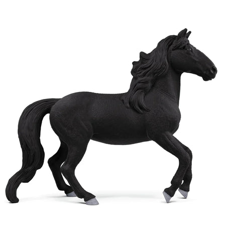Schleich Lusitano Stallion figure shown from the left side with black coat, flowing mane and white hoof markings
