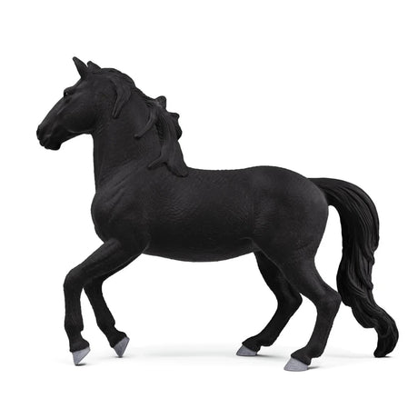 Schleich Lusitano Stallion figure shown from the right side with black coat, flowing tail and white hoof markings