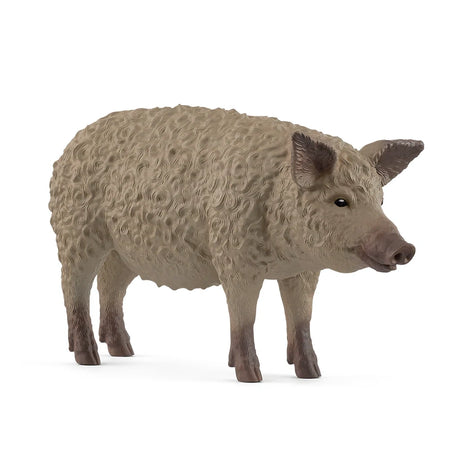 Schleich Mangalica Pig figure shown from the side with a thick curly coat, pointed ears, dark eyes and a raised snout