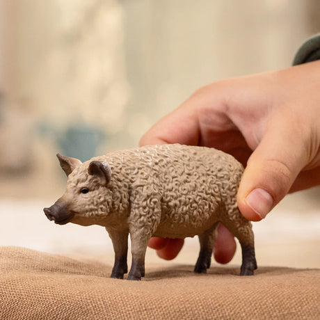 Schleich Mangalica Pig figure standing on a fabric surface while a hand rests on its back, showing the curled coat and dark lower legs