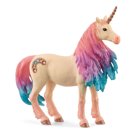 Schleich Marshmallow Unicorn Mare figure with a cream body, striped horn, pink and blue mane, matching tail and jewel-decorated horseshoe marking
