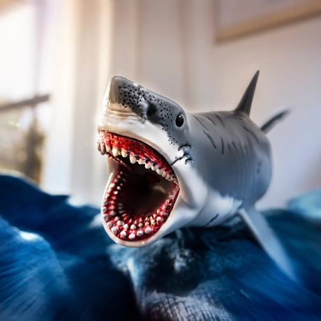 Close-up of the Schleich Megalodon figure on blue fabric with its mouth open and teeth visible