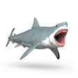 Schleich Megalodon figure in a front three-quarter view with its mouth open, showing rows of sharp teeth and scar details on its grey body