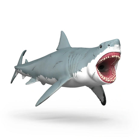 Schleich Megalodon figure in a front three-quarter view with its mouth open, showing rows of sharp teeth and scar details on its grey body