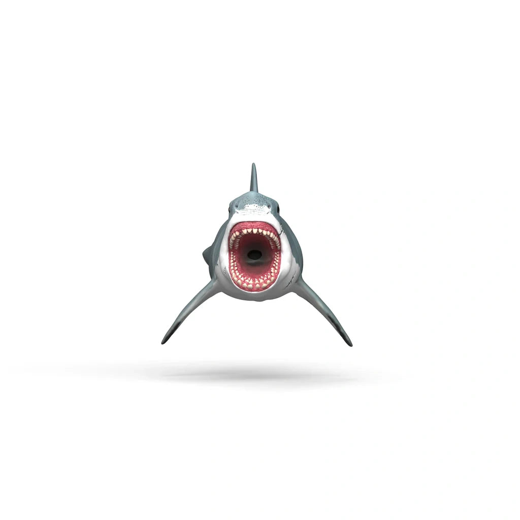 Front view of the Schleich Megalodon figure with its mouth wide open and teeth fully visible