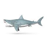 Left side view of the Schleich Megalodon figure with an open mouth, grey upper body and white underside
