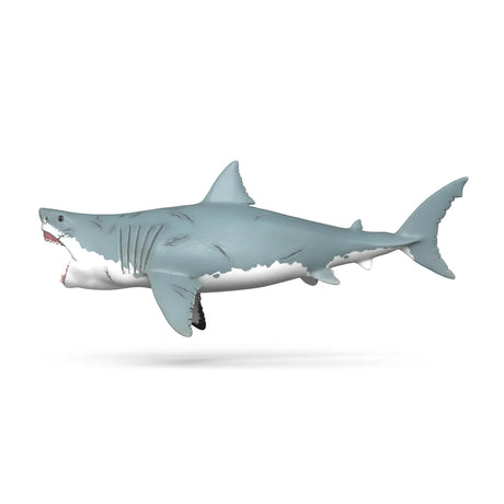 Left side view of the Schleich Megalodon figure with an open mouth, grey upper body and white underside