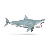 Right side view of the Schleich Megalodon figure showing its open mouth, dorsal fin and scar marks on the body