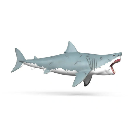 Right side view of the Schleich Megalodon figure showing its open mouth, dorsal fin and scar marks on the body