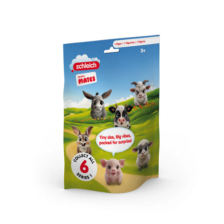 Front of Schleich mini MATES Series 1 blind bag showing six collectible animal figures on the pack