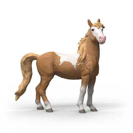 Schleich Mustang Mare figure shown from the side with brown and white coat, cream mane and white face marking