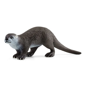 Schleich Otter figure with dark brown textured fur, a pale grey throat, visible claws and a long tail.