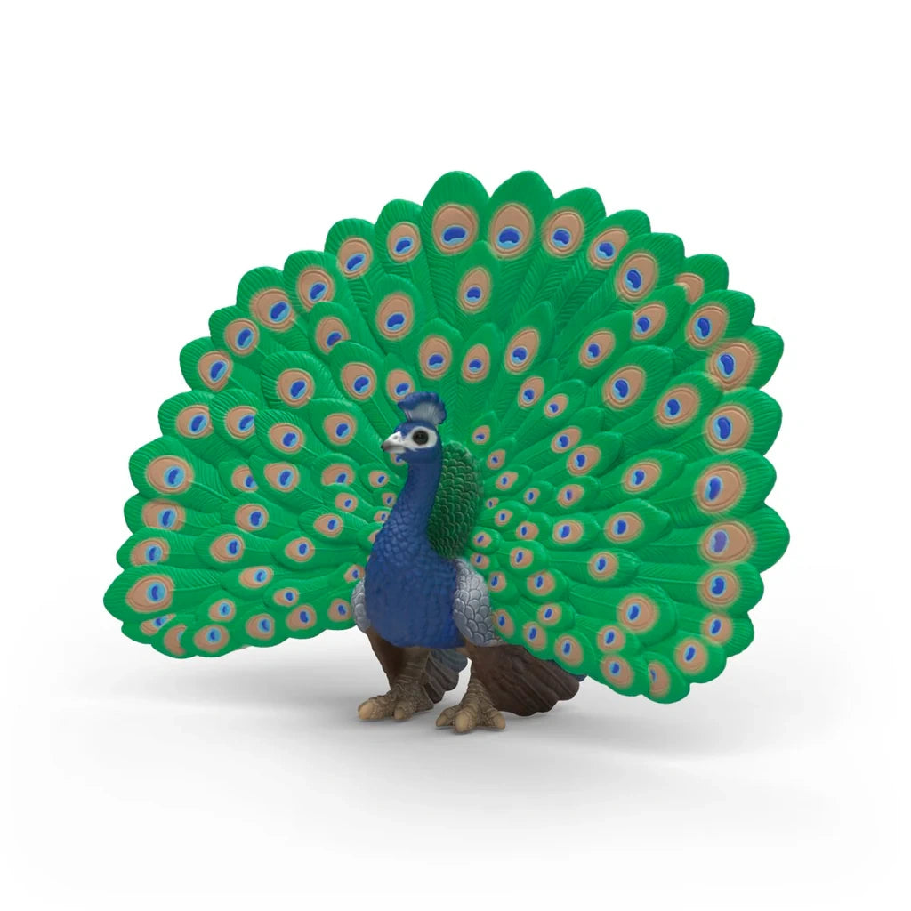 Front view of the Schleich Peacock figure with its tail feathers spread