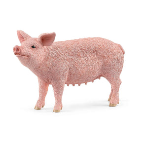 Schleich Pig figure in a close side view with pricked ears, a rounded snout and finely textured body. 