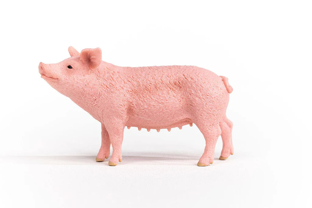 Schleich Pig figure shown from the left side with a raised snout, textured body and curled tail.