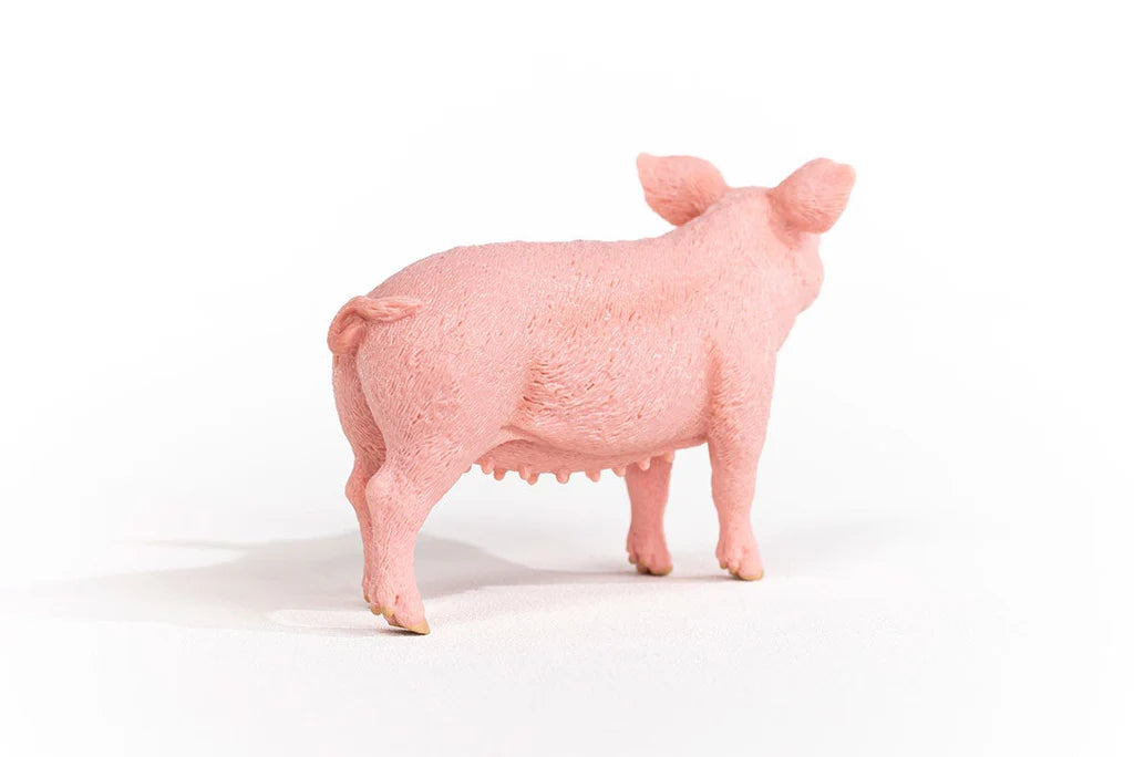 Schleich Pig figure shown from the rear right with a curled tail, upright ears and visible underside detail.