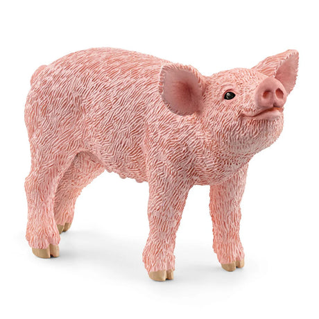 Schleich Piglet figure in close view with a raised snout, black eyes and textured pink body.