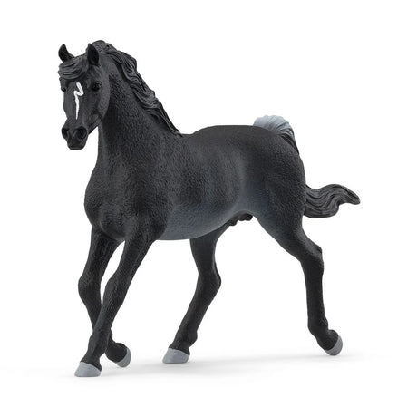 Schleich Rabicano Arabian Stallion figure with a black coat, white forehead marking, flowing mane and raised legs.