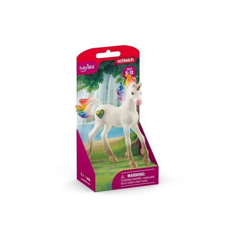 Schleich Rainbow Love Unicorn Foal figure in BAYALA packaging with the white unicorn and rainbow details visible at the front
