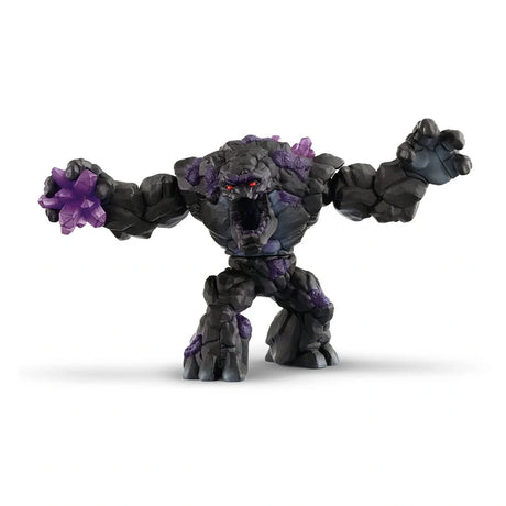 Schleich Shadow Stone Monster figure with its mouth open, arms spread wide, red eyes and purple crystals across its dark rock body
