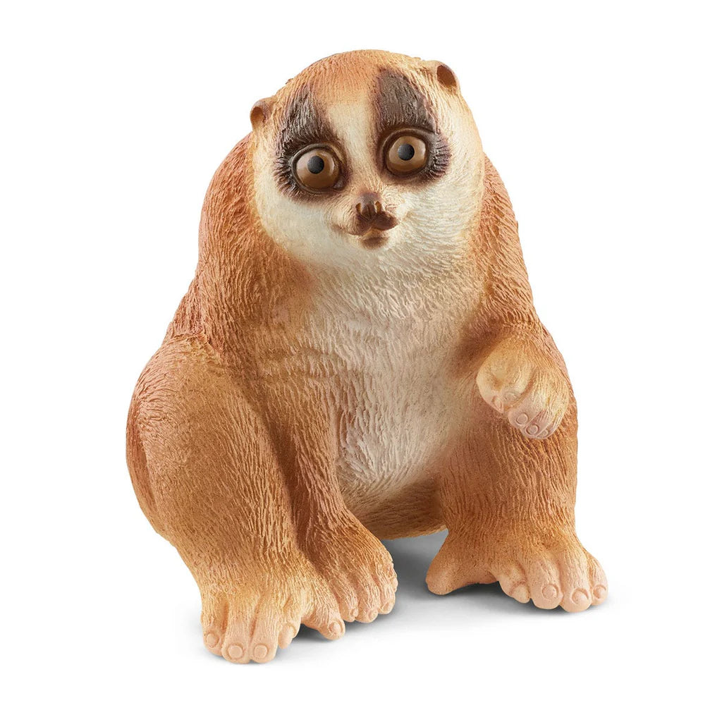 Schleich Slow Loris figure with large amber eyes, dark eye markings, a pale chest and one paw raised.