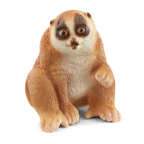 Schleich Slow Loris figure with large amber eyes, dark eye markings, a pale chest and one paw raised.
