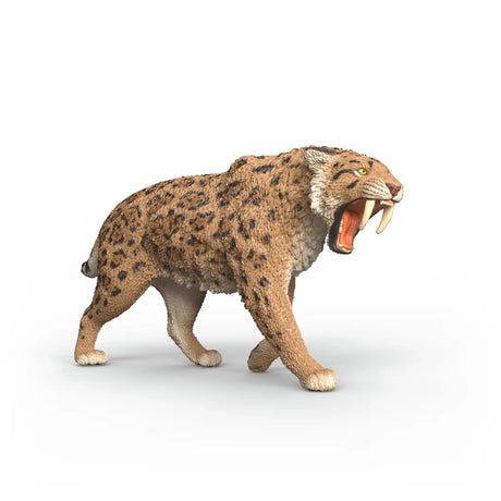 Front three-quarter view of the Schleich Smilodon figure with its mouth open