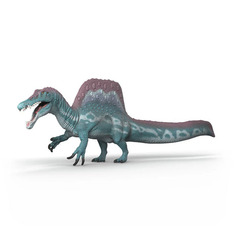 Schleich Spinosaurus figure shown from the side with open jaw, visible teeth and raised back sail
