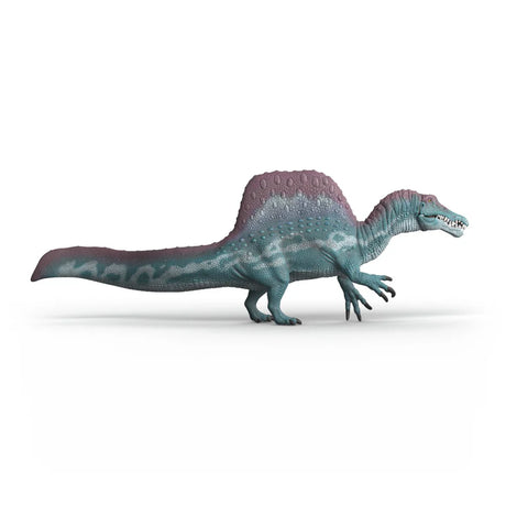 Schleich Spinosaurus figure shown from the right side with blue body, purple back sail and long tail