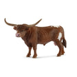 Schleich Texas Longhorn Bull figure shown from the side with a pink muzzle, long horns and white patches near the rear