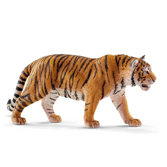 Schleich tiger figure with detailed orange coat, bold black stripes, white facial markings and a strong mid stride pose.